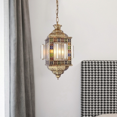 Art Deco Lantern Pendant Chandelier 3 Lights Metal Hanging Lamp in Brass with Frosted Glass Shade