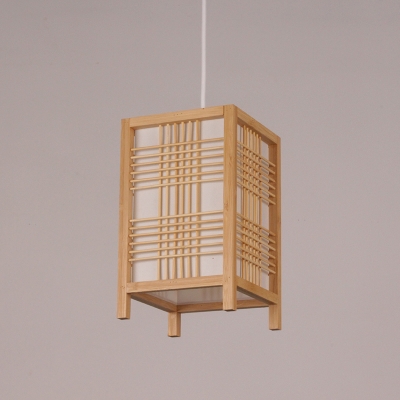 Asian 1 Bulb Pendant Lighting Beige Rectangle Hanging Ceiling Light with Wood Shade