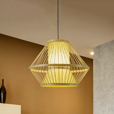 Bamboo Urn Hanging Lamp Japanese 1 Head Ceiling Pendant Light in Beige for Dining Room