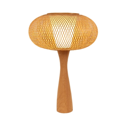Beige Flared Desk Light Asian 1 Head Wood Task Lighting with Handwoven Bamboo Shade