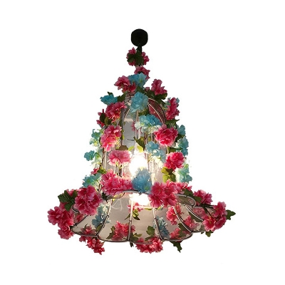 Bell Metal Chandelier Pendant Light Antique 3 Lights LED Restaurant Suspension Lamp in Pink with Cherry Blossom