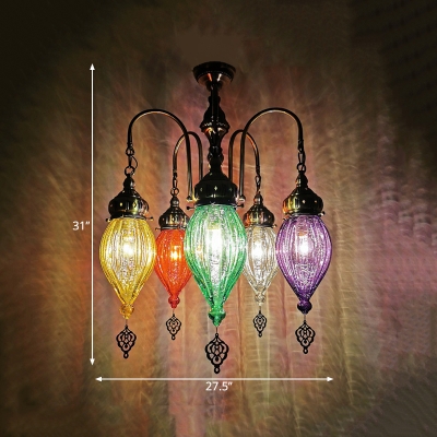 Bronze Urn Hanging Chandelier Traditional Red/Yellow/Green Prismatic Glass 5 Heads Bar Ceiling Pendant Lamp