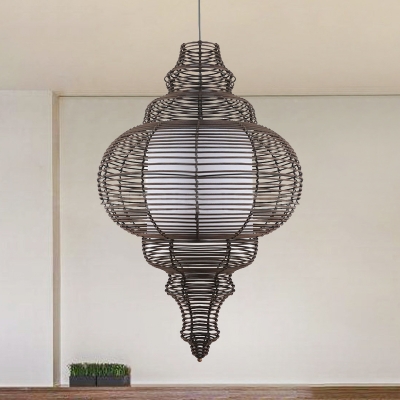 Chinese 1 Bulb Ceiling Light Coffee Gourd Pendant Lighting Fixture with Rattan Shade