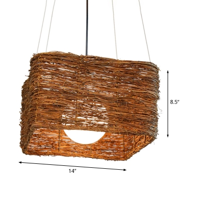 Chinese 1 Bulb Pendant Lighting Brown Square Hanging Ceiling Light with Rattan Shade