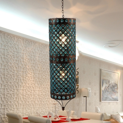 Cylinder Bedroom Ceiling Chandelier Art Deco Metal 2 Lights Blue Hanging Lamp Kit