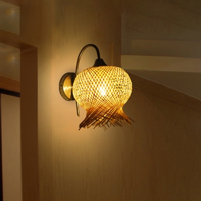 Handwoven Bamboo Sconce Light Asian 1 Head Flaxen Wall Mounted Lamp with Metal Curvy Arm