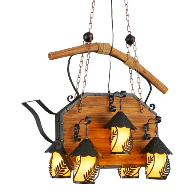 House White Fabric/Clear Glass Island Pendant Antique 6 Lights Restaurant Ceiling Light in Brown