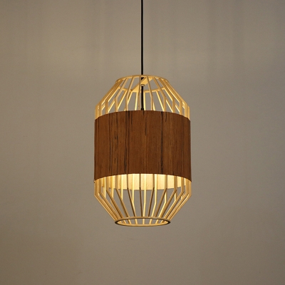 Japanese 1 Bulb Hanging Lamp Beige Cylindrical Suspended Lighting Fixture with Wood Shade