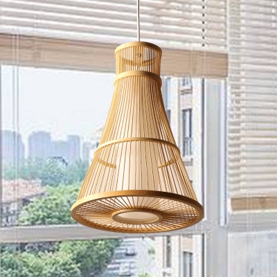 Japanese 1 Head Hanging Lamp Beige Tapered Pendant Light Fixture with Bamboo Shade