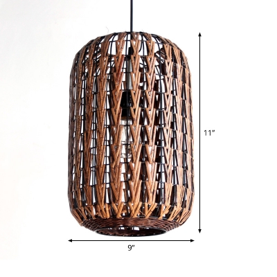 Japanese Cylinder Hanging Light Rattan 1 Bulb Suspended Lighting Fixture in Brown