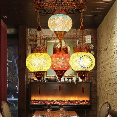 Lantern Restaurant Ceiling Chandelier Traditional Stained Glass 4 Heads Copper Suspension Lighting Fixture