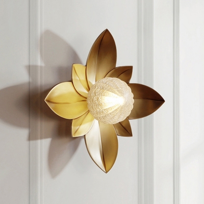 Leaf Sconce Light Modern Metal 1 Head Brass Wall Lighting Fixture with Orb Textured Glass Shade