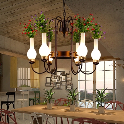 Metal Brass Chandelier Lamp Vase 6 Lights Industrial Hanging Ceiling Light with Flower Decor for Restaurant