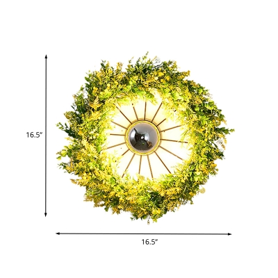 Metal Circular Wall Lighting Industrial 1 Bulb Bedroom LED Wall Sconce Lamp in Pink/Green with Flower/Plant Decor