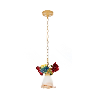 Pastoral Bell Down Lighting 1 Bulb Opal Glass Flower Hanging Pendant Light in Beige for Dining Room