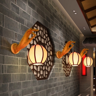 Red Lantern Sconce Chinese 1 Bulb Resin Wall Mounted Light Fixture with Hand Arm