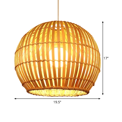 Spherical Ceiling Light Japanese Bamboo 1 Head Beige Pendant Lighting Fixture, 16