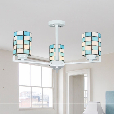 White/Black Cylinder Semi-Flush Mount Light Tiffany 3/6/8 Lights Cut Glass Ceiling Flush for Living Room