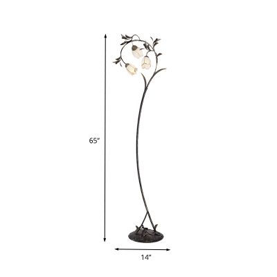 White Glass Floral Floor Light Countryside 3 Heads Living Room LED Stand Up Lamp in Antique Brass