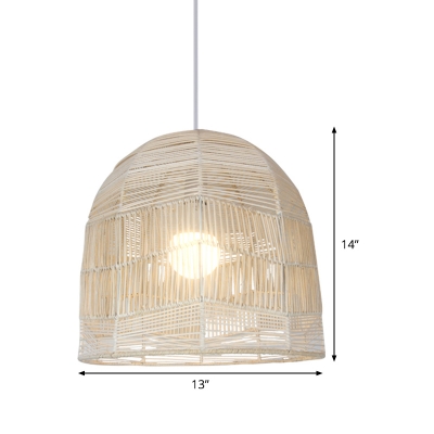 Wood Cage Ceiling Lamp Asian 1 Head Bamboo Hanging Light Fixture for Dining Room
