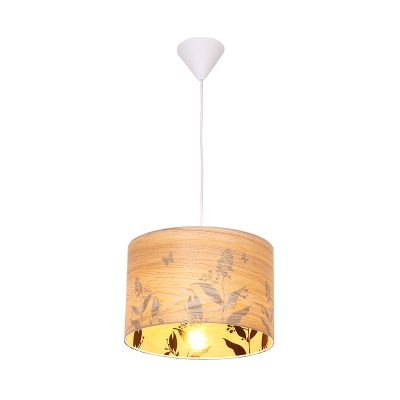 Wood Drum Hanging Light Chinese 1 Head Beige Pendant Lighting Fixture with Flower Pattern