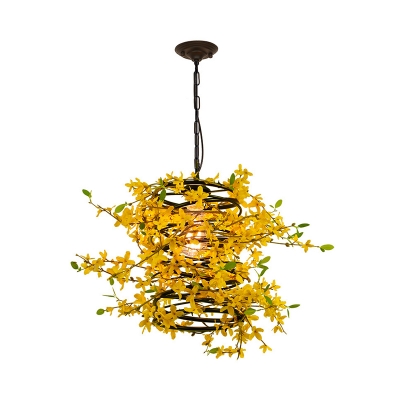 Yellow 1 Light Ceiling Pendant Retro Metal Blossom LED Drop Lamp for Restaurant
