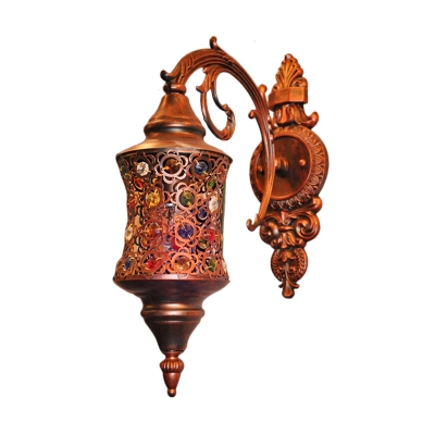 1 Bulb Jar Wall Lamp Traditional Copper Metal Sconce Light Fixture with Carved Backplate