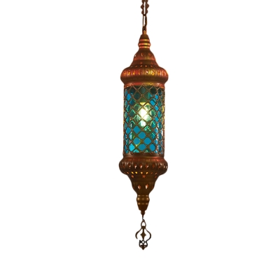 1 Head Hanging Lighting Art Deco Restaurant Suspension Pendant with Cylindrical Red/Yellow/Blue Glass Shade