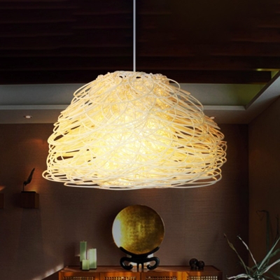 1 Head Restaurant Pendant Lamp Chinese White Hanging Light Fixture with Bowl Rattan Shade