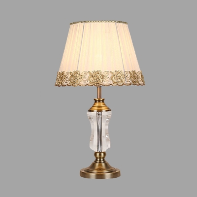 1 Light Crystal Nightstand Lamp Vintage White Drum Living Room Table Light with Fabric Pleated Lampshade