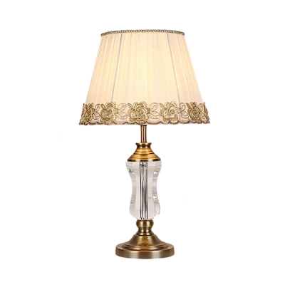 1 Light Crystal Nightstand Lamp Vintage White Drum Living Room Table Light with Fabric Pleated Lampshade
