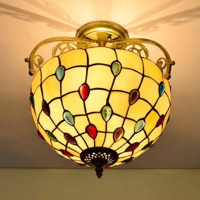 2 Lights Dining Room Semi Flush Lighting Tiffany Yellow/Blue/Orange Ceiling Fixture with Grid Cut Glass Shade