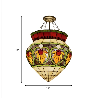 3 Lights Corridor Semi-Flush Ceiling Fixture Tiffany Green Semi Mount Lighting with Urn Stained Glass Shade