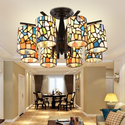 6/8 Lights Semi Flush Mount Light Cylinder Stained Glass Ceiling Fixture in Black for Living Room