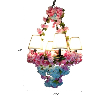 6 Bulbs Metal Chandelier Lighting Retro Pink Blossom Restaurant LED Hanging Ceiling Light with Cone Fabric Shade