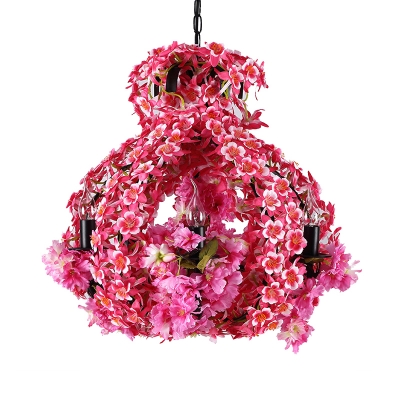 Antique Candle Flower Ceiling Chandelier 5 Bulbs LED Metal Drop Lamp in Pink for Restaurant
