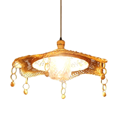 Bamboo Flare Ceiling Lamp Asia 1 Head Khaki Hanging Light Fixture with Clear Lattice Glass Shade