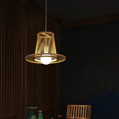 Bamboo Laser Cut Pendant Lighting Japanese 1 Head Hanging Ceiling Light in Wood for Bedroom