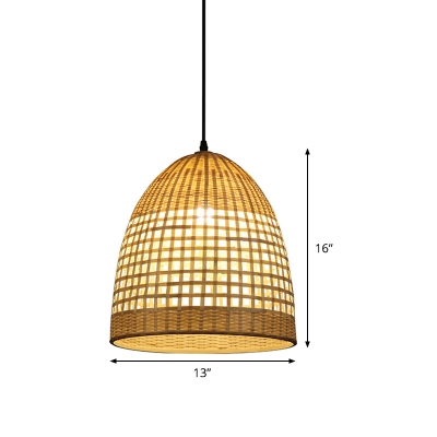 Basket Ceiling Lamp Contemporary Bamboo 1 Bulb Suspension Pendant Light in Beige