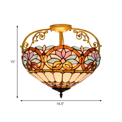 Beaded Cut Glass Semi Flush Light Fixture Tiffany Style 3 Lights Brown/Yellow/Blue Ceiling Lighting for Bedroom