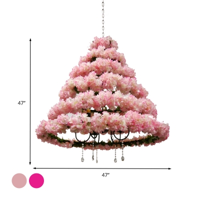 Cherry Blossom Restaurant Chandelier Light Industrial Metal 5 Bulbs Pink/Rose Red Hanging Lamp with Dangling Crystal