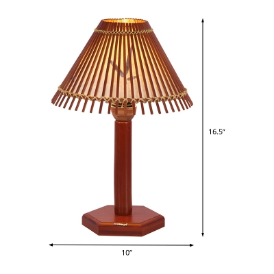 Conical Bamboo Task Light Asia 1 Head Red Brown Small Desk Lamp with Wood Hexagon Base