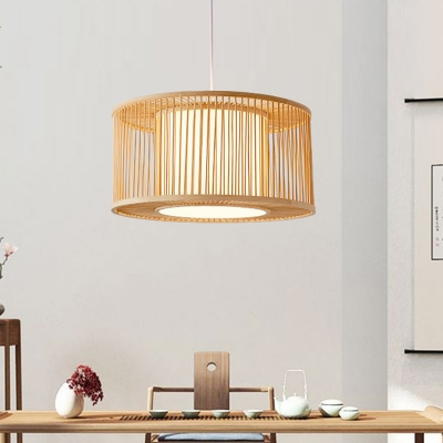 Cylinder Pendant Lamp Asian Bamboo 1 Head Beige Ceiling Hanging Light for Restaurant