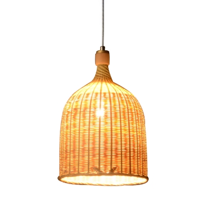 Cylindrical Pendant Light Japanese Bamboo 1 Head Suspended Lighting Fixture in Flaxen