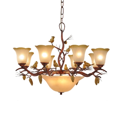 Flared Living Room Ceiling Chandelier Vintage Frosted Glass 11 Heads Brown Hanging Light Fixture with Bird and Pinecone