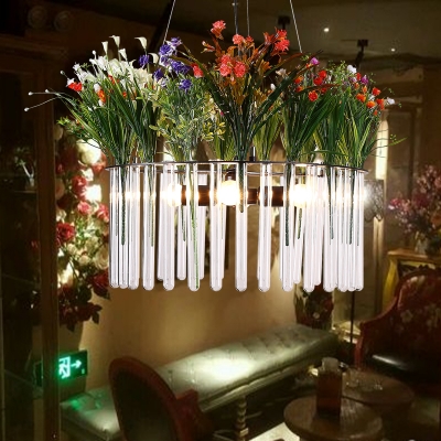 Green Drum Chandelier Pendant Light Industrial Metal 4 Heads Restaurant LED Hanging Lamp with Flower Decoration