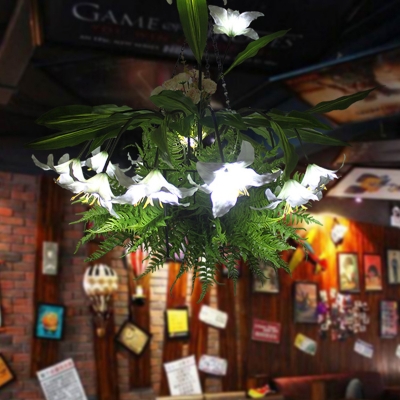 Industrial Lily Pendant Light Fixture 12 Bulbs Metal LED Hanging Lamp Kit in Green for Restaurant