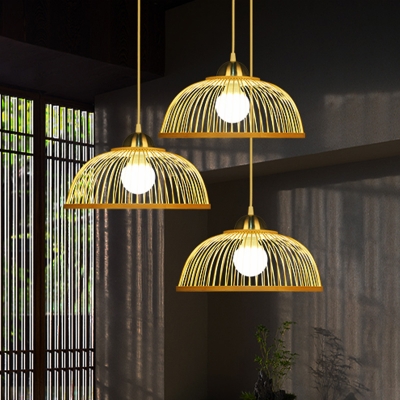Japanese Domed Hanging Lamp Bamboo 1 Bulb Ceiling Pendant Light in Beige for Teahouse