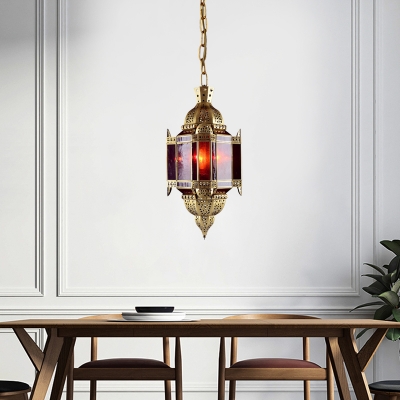Lantern Metal Ceiling Chandelier Antiqued 3 Heads Restaurant Pendant Light in Brass with Red Glass Shade
