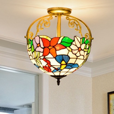 Stained Glass Red/Blue/Pink Semi Flush Mount Light Rose 2 Lights Tiffany Style Ceiling Lighting for Corridor